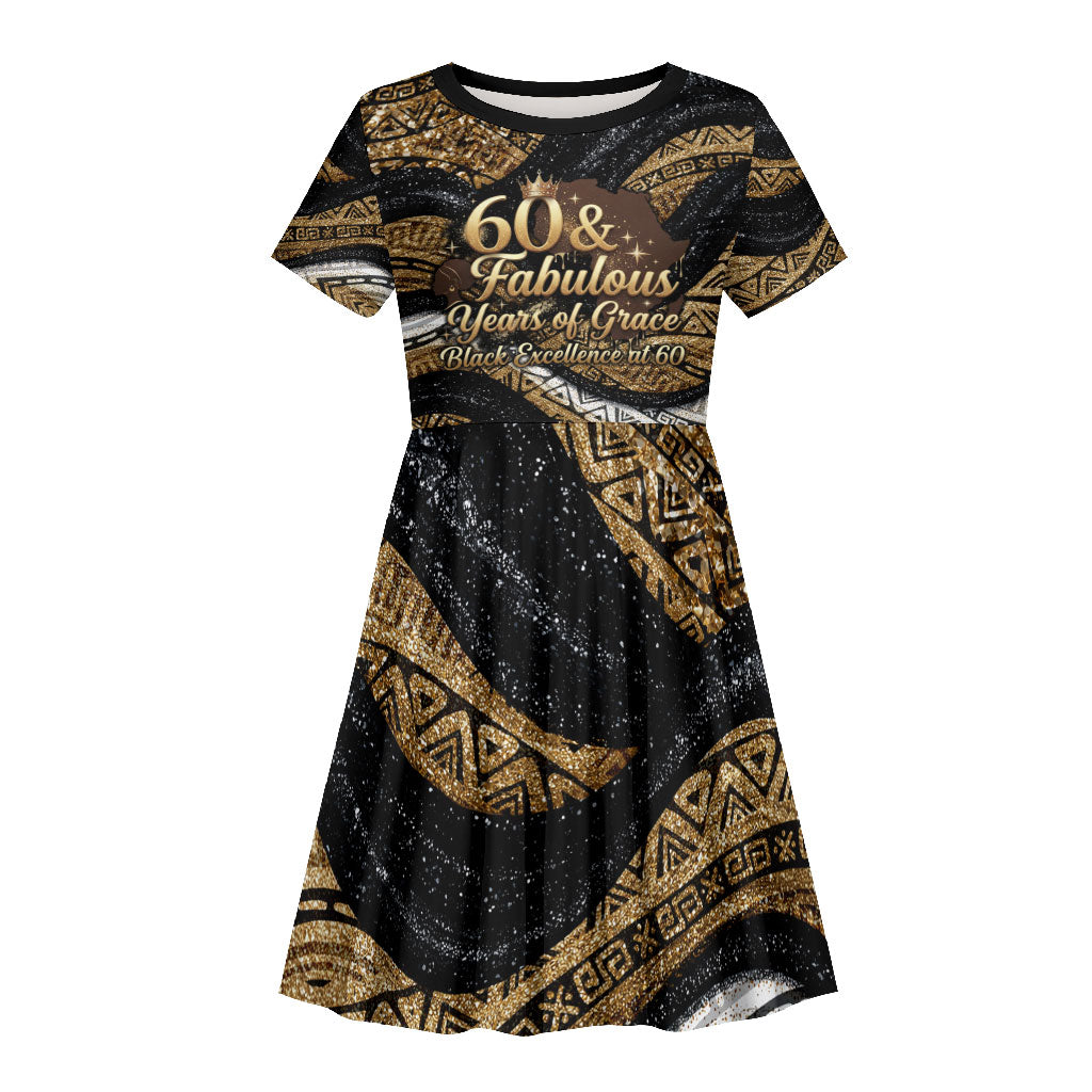 Personalized African Queen 60th Birthday Kid Short Sleeve Dress Gold Glitter Afro Crown - Chapter 60 Black Excellence