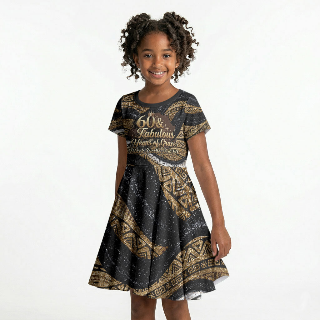 Personalized African Queen 60th Birthday Kid Short Sleeve Dress Gold Glitter Afro Crown - Chapter 60 Black Excellence