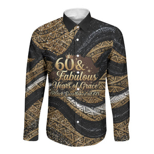 Personalized African Queen 60th Birthday Long Sleeve Button Shirt Gold Glitter Afro Crown - Chapter 60 Black Excellence