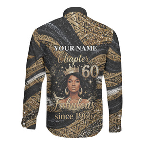 Personalized African Queen 60th Birthday Long Sleeve Button Shirt Gold Glitter Afro Crown - Chapter 60 Black Excellence