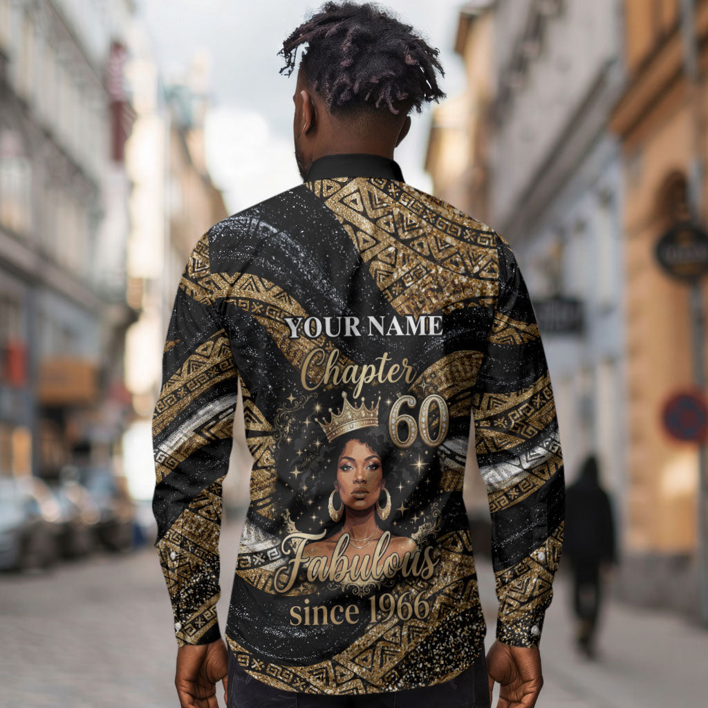 Personalized African Queen 60th Birthday Long Sleeve Button Shirt Gold Glitter Afro Crown - Chapter 60 Black Excellence