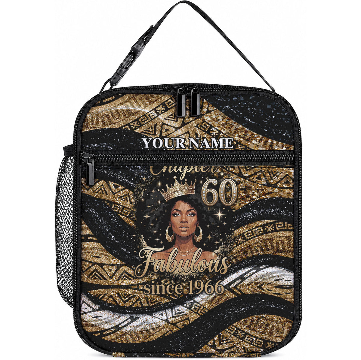 Personalized African Queen 60th Birthday Lunch Bag Gold Glitter Afro Crown - Chapter 60 Black Excellence