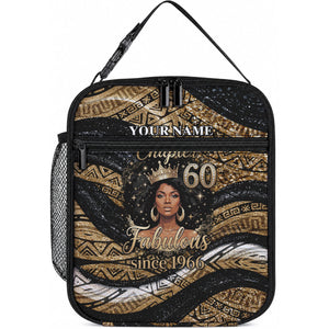 Personalized African Queen 60th Birthday Lunch Bag Gold Glitter Afro Crown - Chapter 60 Black Excellence