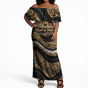 Personalized African Queen 60th Birthday Off Shoulder Maxi Dress Gold Glitter Afro Crown - Chapter 60 Black Excellence