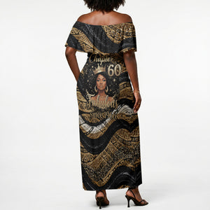 Personalized African Queen 60th Birthday Off Shoulder Maxi Dress Gold Glitter Afro Crown - Chapter 60 Black Excellence