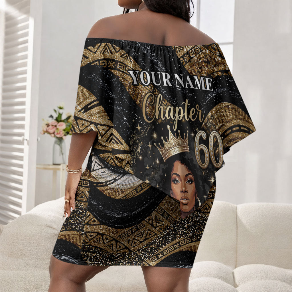 Personalized African Queen 60th Birthday Off Shoulder Short Dress Gold Glitter Afro Crown - Chapter 60 Black Excellence
