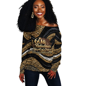 Personalized African Queen 60th Birthday Off Shoulder Sweater Gold Glitter Afro Crown - Chapter 60 Black Excellence