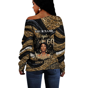 Personalized African Queen 60th Birthday Off Shoulder Sweater Gold Glitter Afro Crown - Chapter 60 Black Excellence