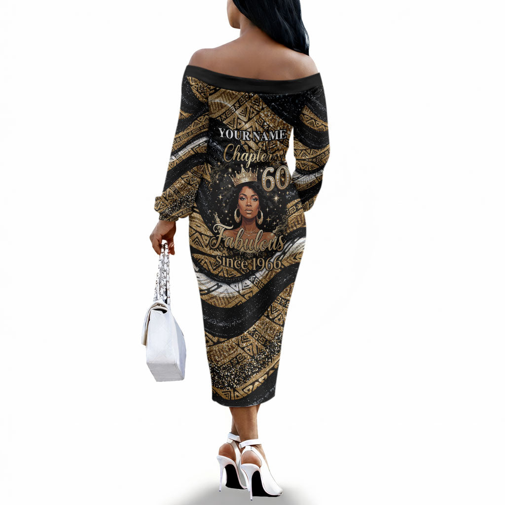 Personalized African Queen 60th Birthday Off The Shoulder Long Sleeve Dress Gold Glitter Afro Crown - Chapter 60 Black Excellence