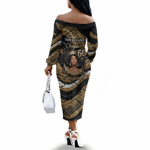 Personalized African Queen 60th Birthday Off The Shoulder Long Sleeve Dress Gold Glitter Afro Crown - Chapter 60 Black Excellence