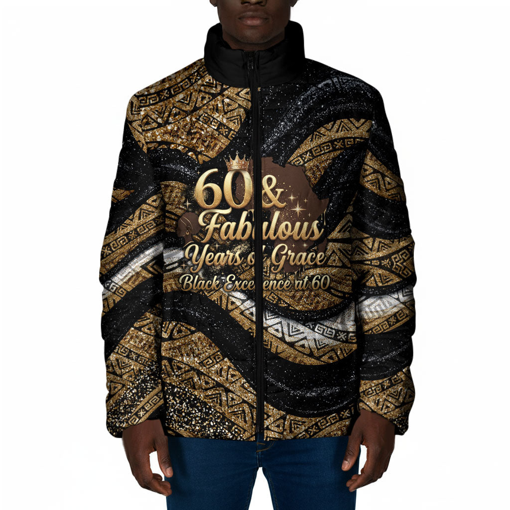 Personalized African Queen 60th Birthday Padded Jacket Gold Glitter Afro Crown - Chapter 60 Black Excellence