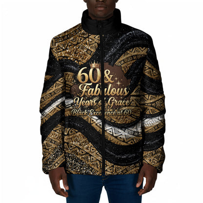 Personalized African Queen 60th Birthday Padded Jacket Gold Glitter Afro Crown - Chapter 60 Black Excellence