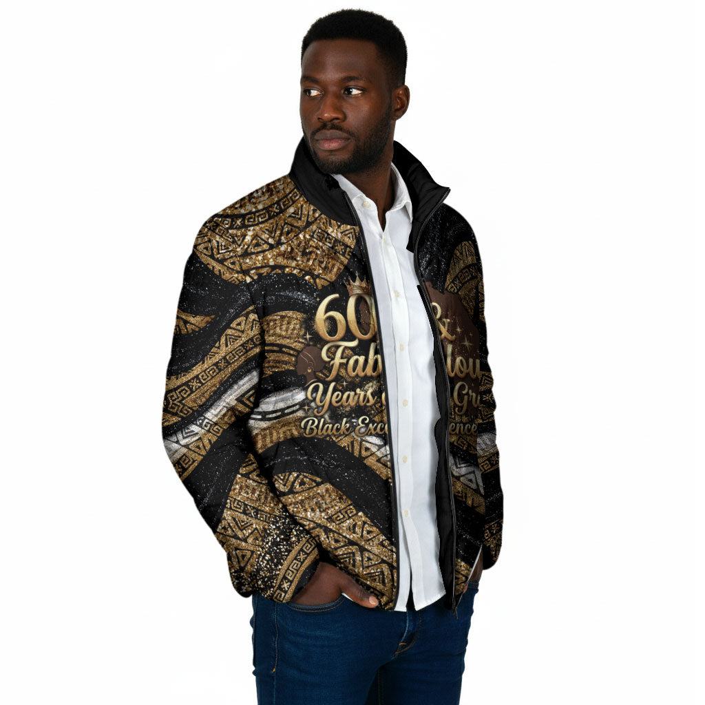 Personalized African Queen 60th Birthday Padded Jacket Gold Glitter Afro Crown - Chapter 60 Black Excellence