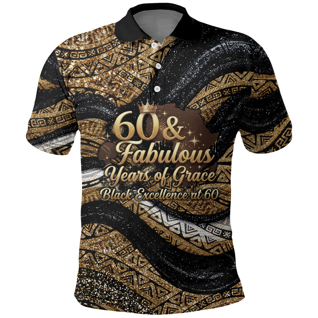 Personalized African Queen 60th Birthday Polo Shirt Gold Glitter Afro Crown - Chapter 60 Black Excellence