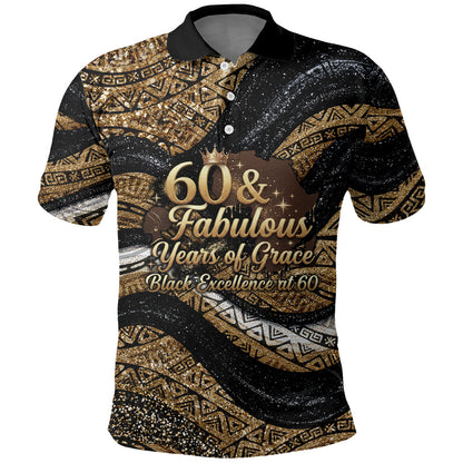 Personalized African Queen 60th Birthday Polo Shirt Gold Glitter Afro Crown - Chapter 60 Black Excellence