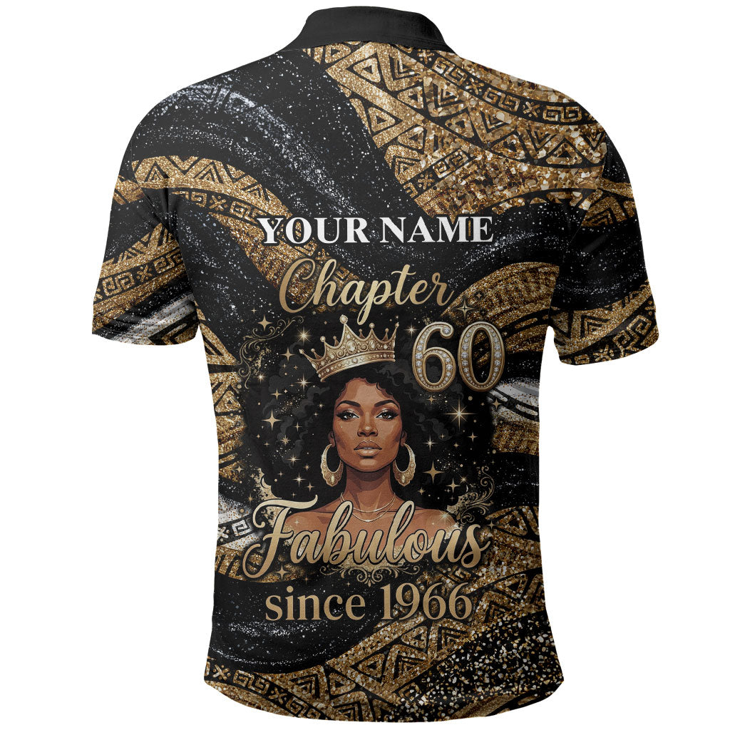 Personalized African Queen 60th Birthday Polo Shirt Gold Glitter Afro Crown - Chapter 60 Black Excellence
