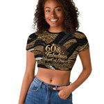 Personalized African Queen 60th Birthday Raglan Cropped T shirt Gold Glitter Afro Crown - Chapter 60 Black Excellence