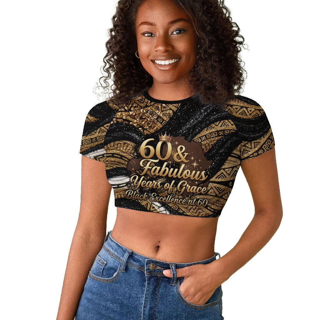 Personalized African Queen 60th Birthday Raglan Cropped T shirt Gold Glitter Afro Crown - Chapter 60 Black Excellence