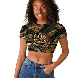 Personalized African Queen 60th Birthday Raglan Cropped T shirt Gold Glitter Afro Crown - Chapter 60 Black Excellence