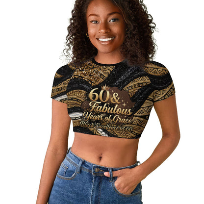 Personalized African Queen 60th Birthday Raglan Cropped T shirt Gold Glitter Afro Crown - Chapter 60 Black Excellence