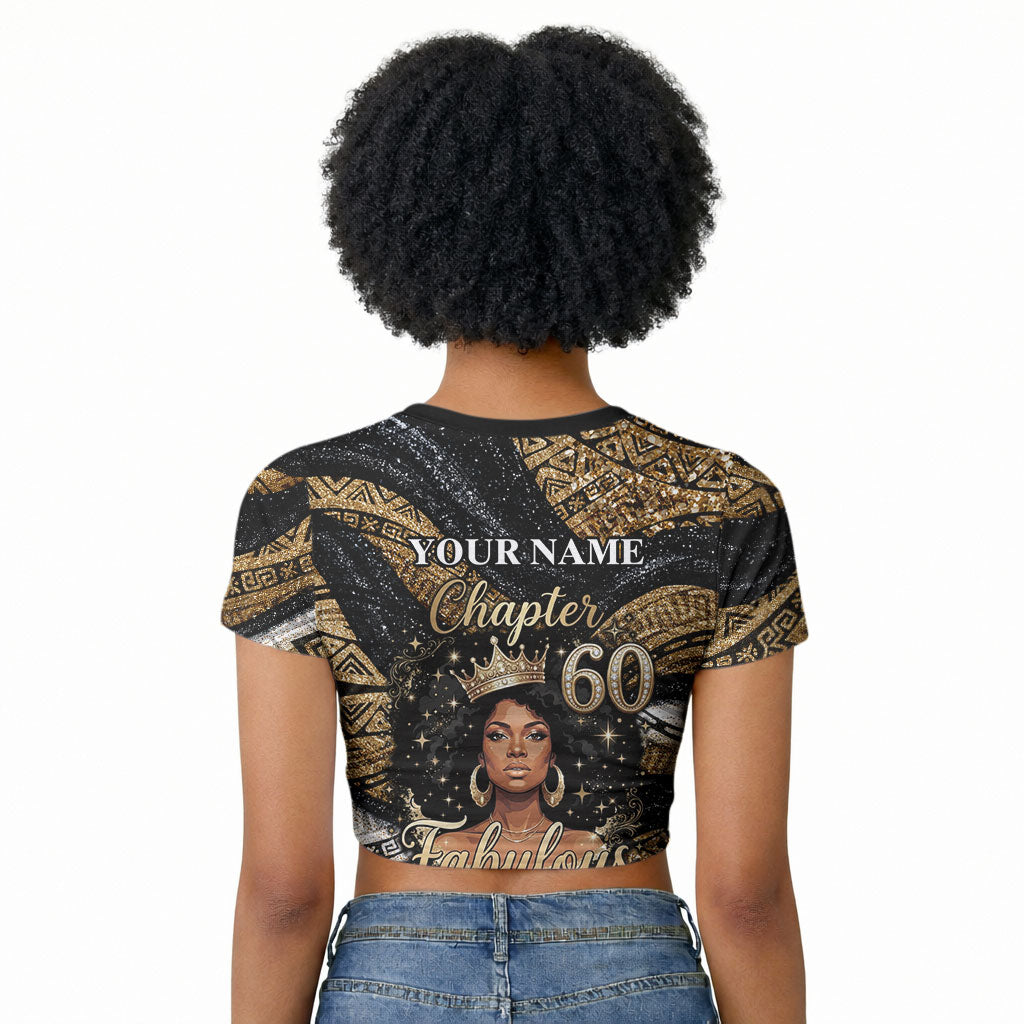 Personalized African Queen 60th Birthday Raglan Cropped T shirt Gold Glitter Afro Crown - Chapter 60 Black Excellence