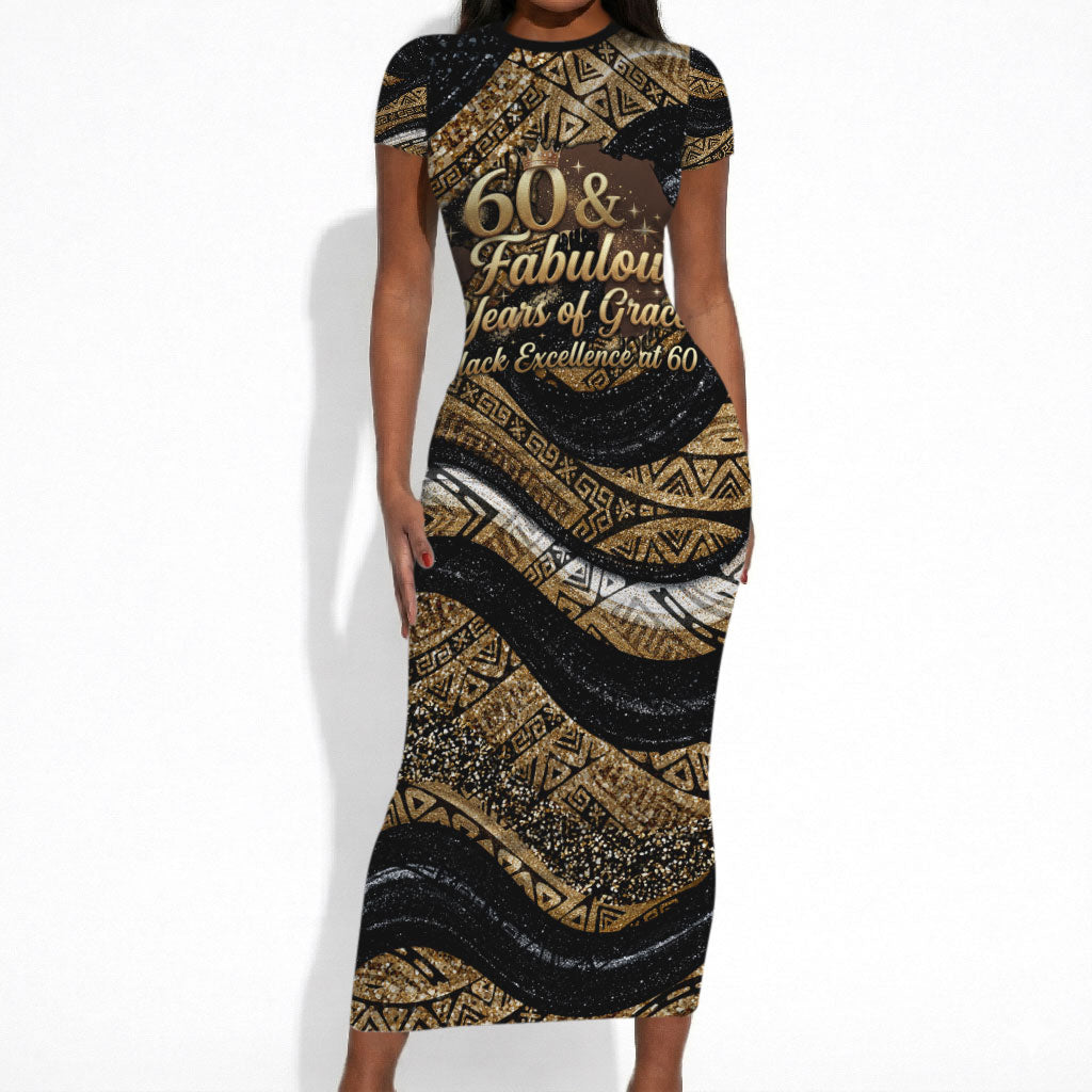 Personalized African Queen 60th Birthday Short Sleeve Bodycon Dress Gold Glitter Afro Crown - Chapter 60 Black Excellence