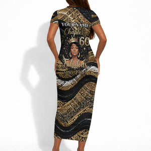 Personalized African Queen 60th Birthday Short Sleeve Bodycon Dress Gold Glitter Afro Crown - Chapter 60 Black Excellence
