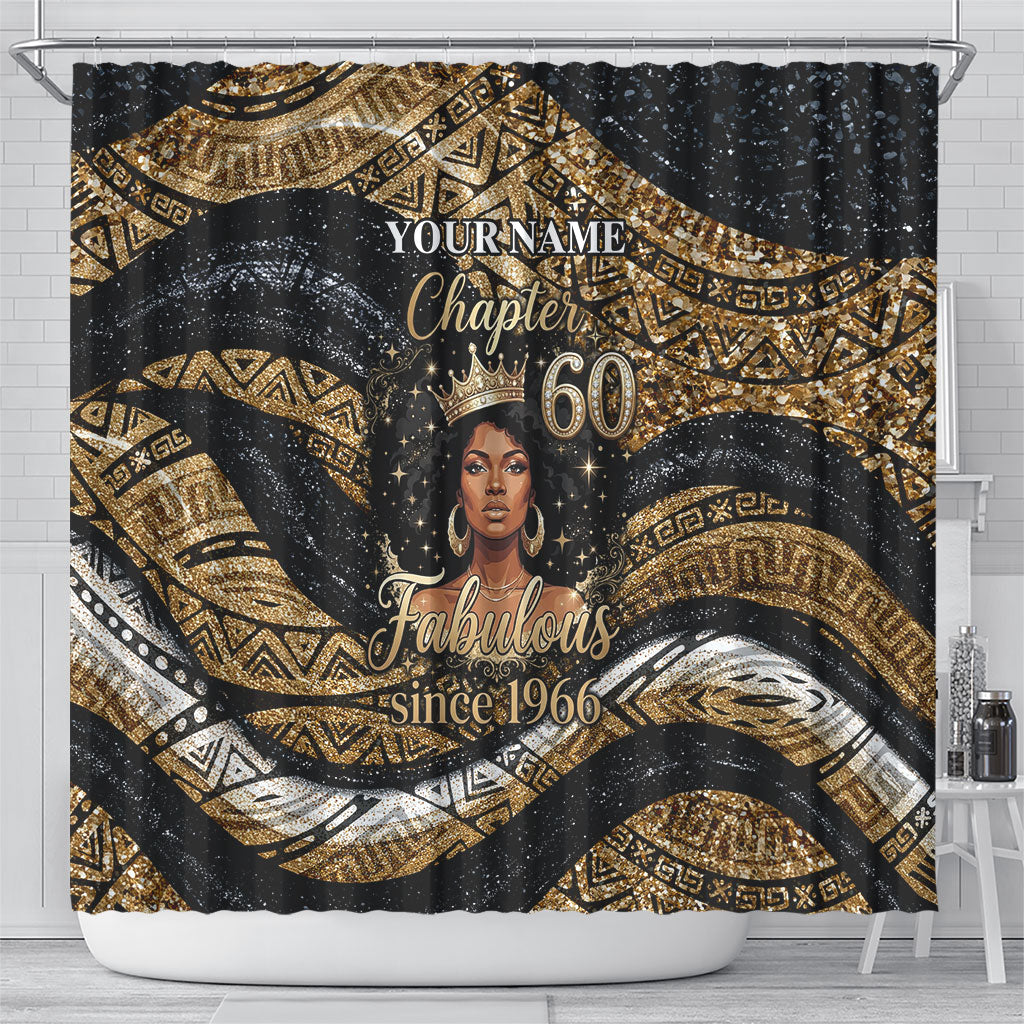 Personalized African Queen 60th Birthday Shower Curtain Gold Glitter Afro Crown - Chapter 60 Black Excellence