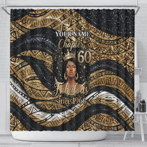 Personalized African Queen 60th Birthday Shower Curtain Gold Glitter Afro Crown - Chapter 60 Black Excellence