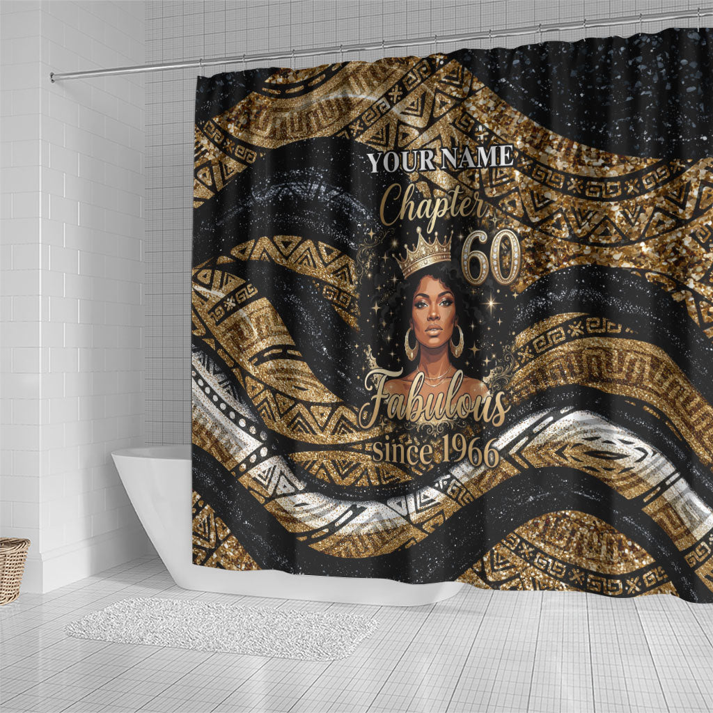 Personalized African Queen 60th Birthday Shower Curtain Gold Glitter Afro Crown - Chapter 60 Black Excellence