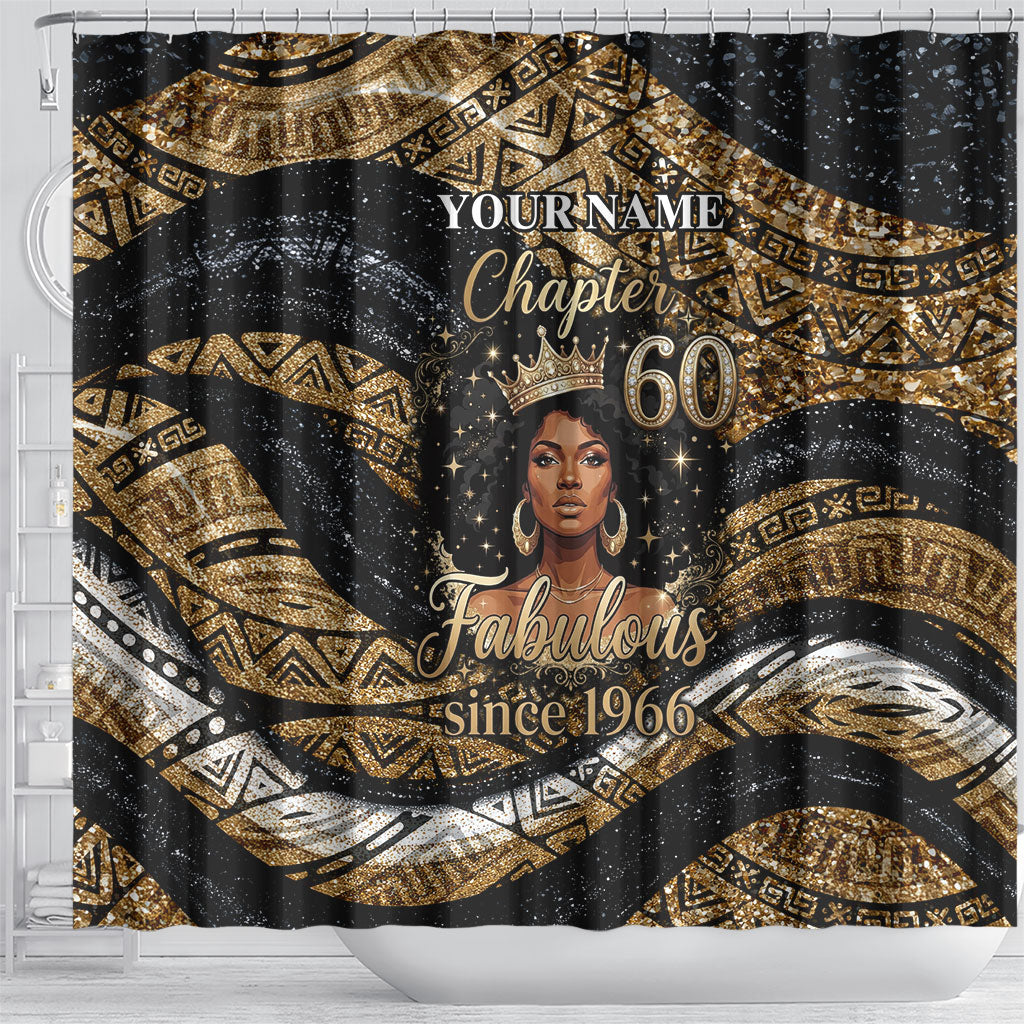 Personalized African Queen 60th Birthday Shower Curtain Gold Glitter Afro Crown - Chapter 60 Black Excellence