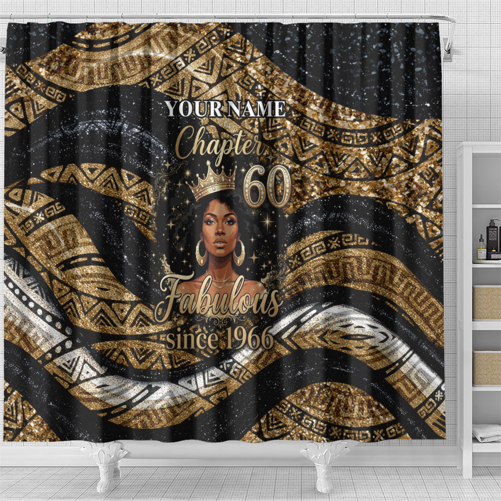 Personalized African Queen 60th Birthday Shower Curtain Gold Glitter Afro Crown - Chapter 60 Black Excellence
