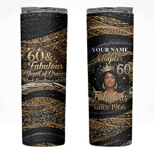 Personalized African Queen 60th Birthday Skinny Tumbler Gold Glitter Afro Crown - Chapter 60 Black Excellence