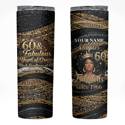 Personalized African Queen 60th Birthday Skinny Tumbler Gold Glitter Afro Crown - Chapter 60 Black Excellence