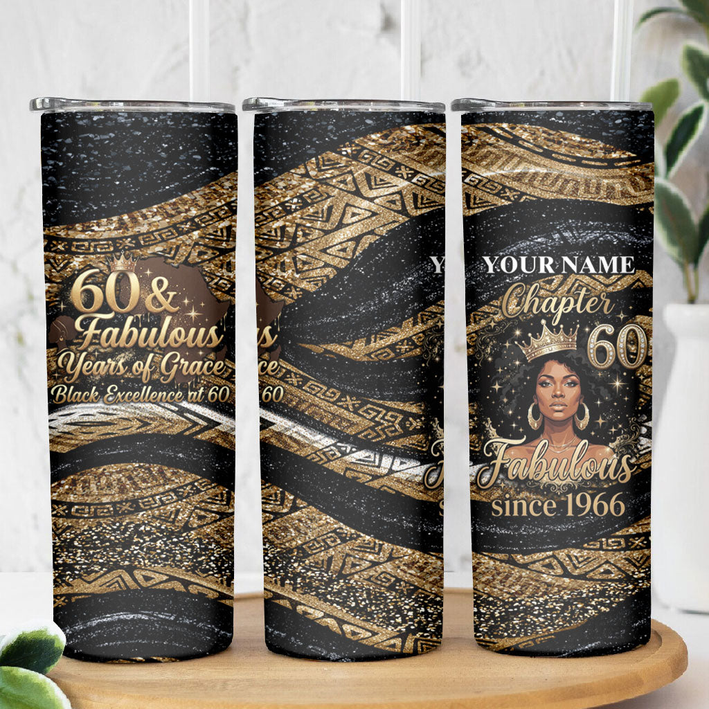 Personalized African Queen 60th Birthday Skinny Tumbler Gold Glitter Afro Crown - Chapter 60 Black Excellence