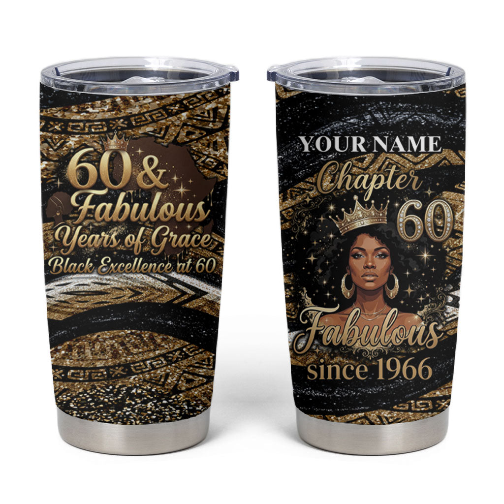 Personalized African Queen 60th Birthday Tumbler Cup Gold Glitter Afro Crown - Chapter 60 Black Excellence