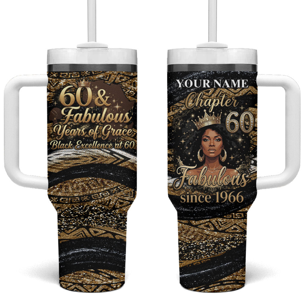 Personalized African Queen 60th Birthday Tumbler With Handle Gold Glitter Afro Crown - Chapter 60 Black Excellence