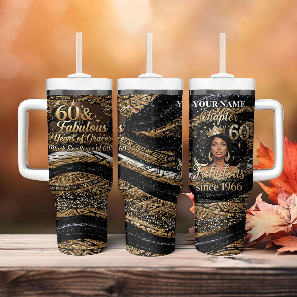 Personalized African Queen 60th Birthday Tumbler With Handle Gold Glitter Afro Crown - Chapter 60 Black Excellence