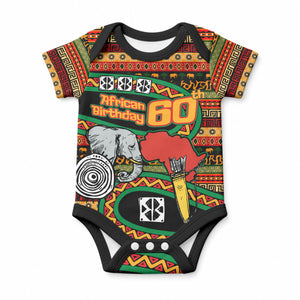 Personalized African 60th Birthday Baby Onesie Traditional Tribal Pattern Elephant Mask Art