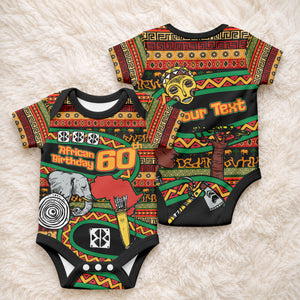Personalized African 60th Birthday Baby Onesie Traditional Tribal Pattern Elephant Mask Art