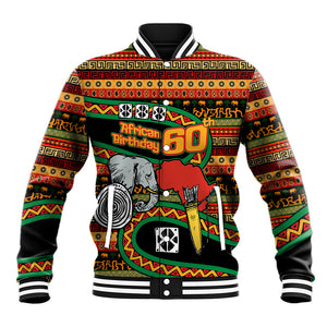 Personalized African 60th Birthday Baseball Jacket Traditional Tribal Pattern Elephant Mask Art