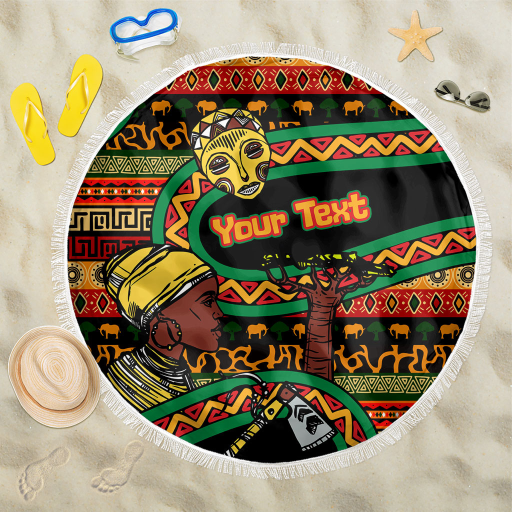 Personalized African 60th Birthday Beach Blanket Traditional Tribal Pattern Elephant Mask Art