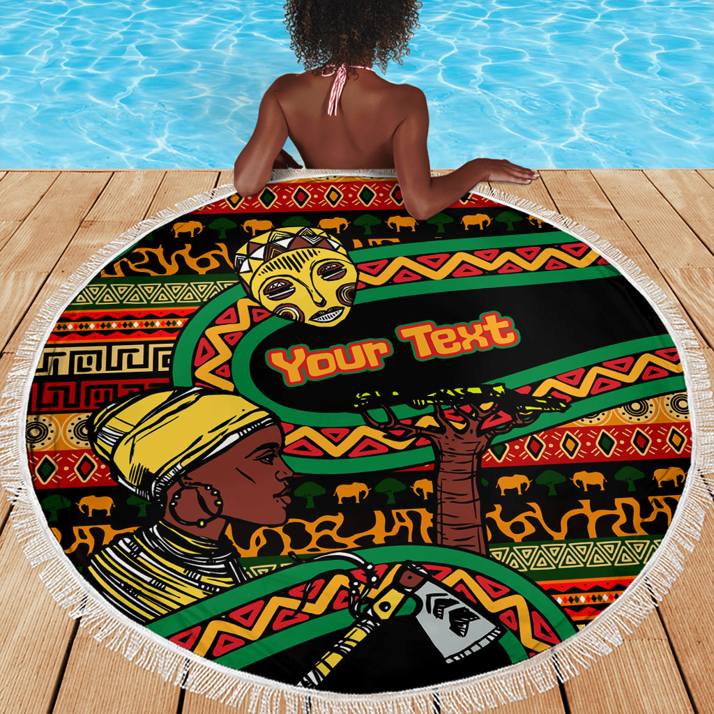 Personalized African 60th Birthday Beach Blanket Traditional Tribal Pattern Elephant Mask Art