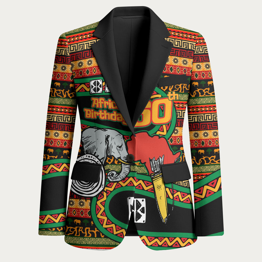 Personalized African 60th Birthday Blazer Traditional Tribal Pattern Elephant Mask Art