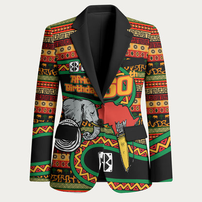 Personalized African 60th Birthday Blazer Traditional Tribal Pattern Elephant Mask Art