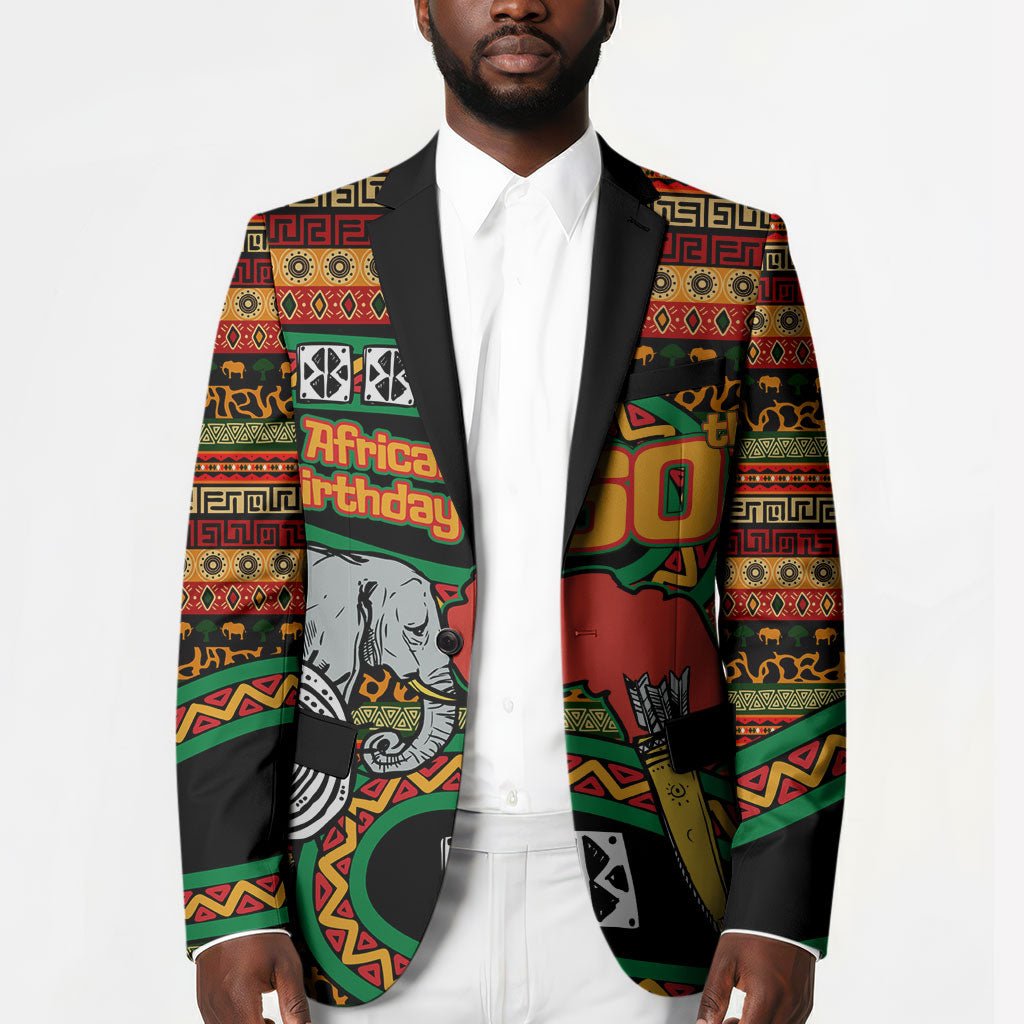 Personalized African 60th Birthday Blazer Traditional Tribal Pattern Elephant Mask Art