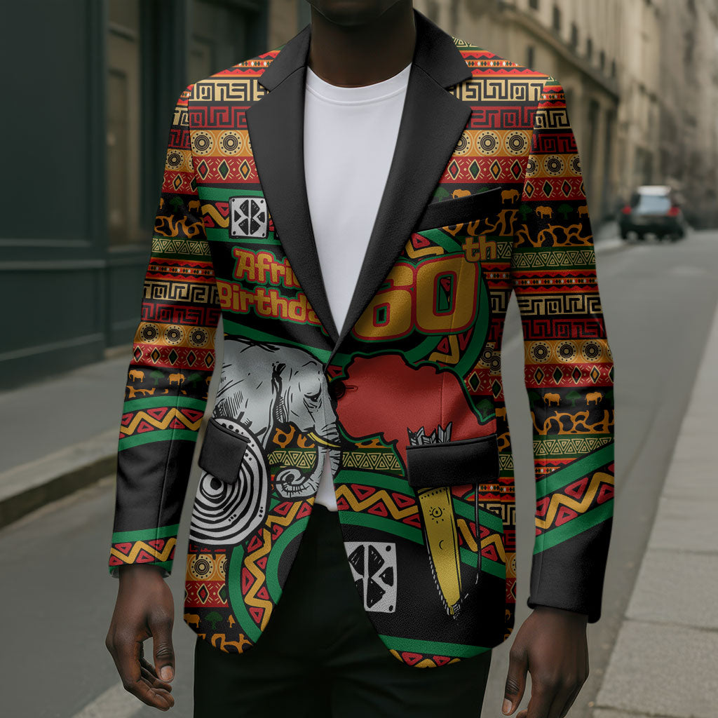 Personalized African 60th Birthday Blazer Traditional Tribal Pattern Elephant Mask Art