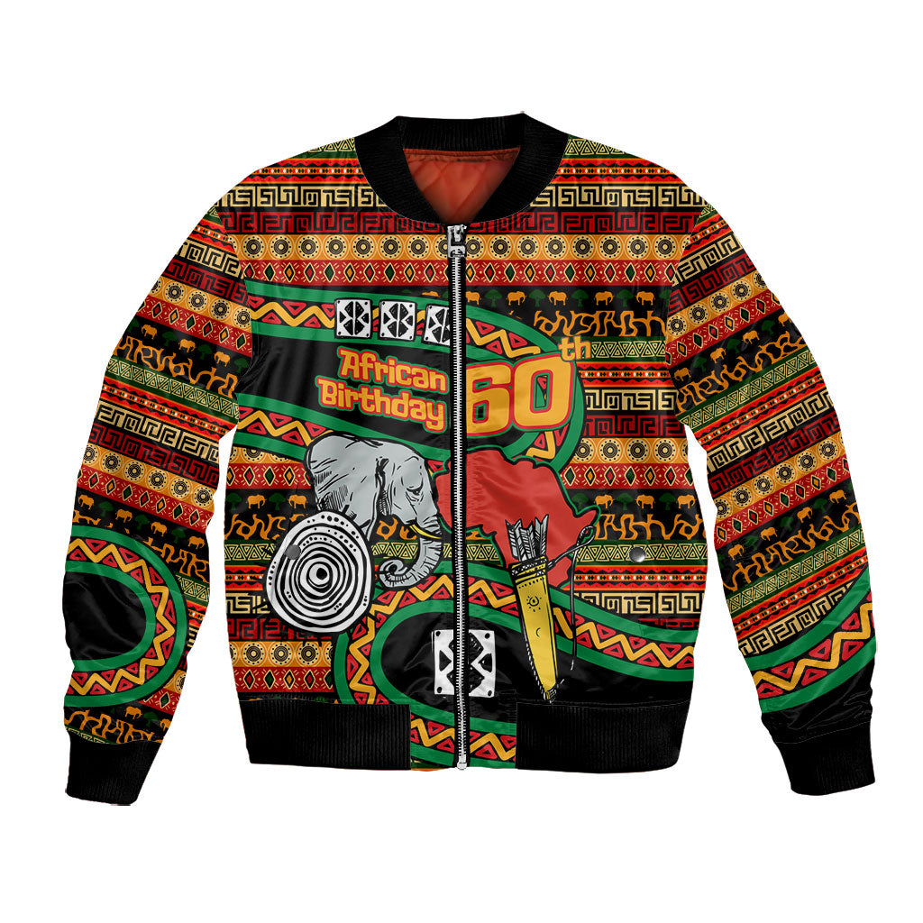Personalized African 60th Birthday Bomber Jacket Traditional Tribal Pattern Elephant Mask Art
