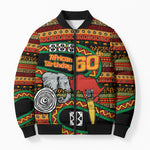 Personalized African 60th Birthday Bomber Puffer Jacket Traditional Tribal Pattern Elephant Mask Art