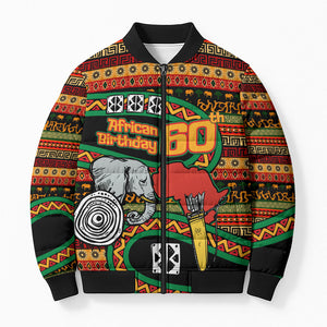 Personalized African 60th Birthday Bomber Puffer Jacket Traditional Tribal Pattern Elephant Mask Art